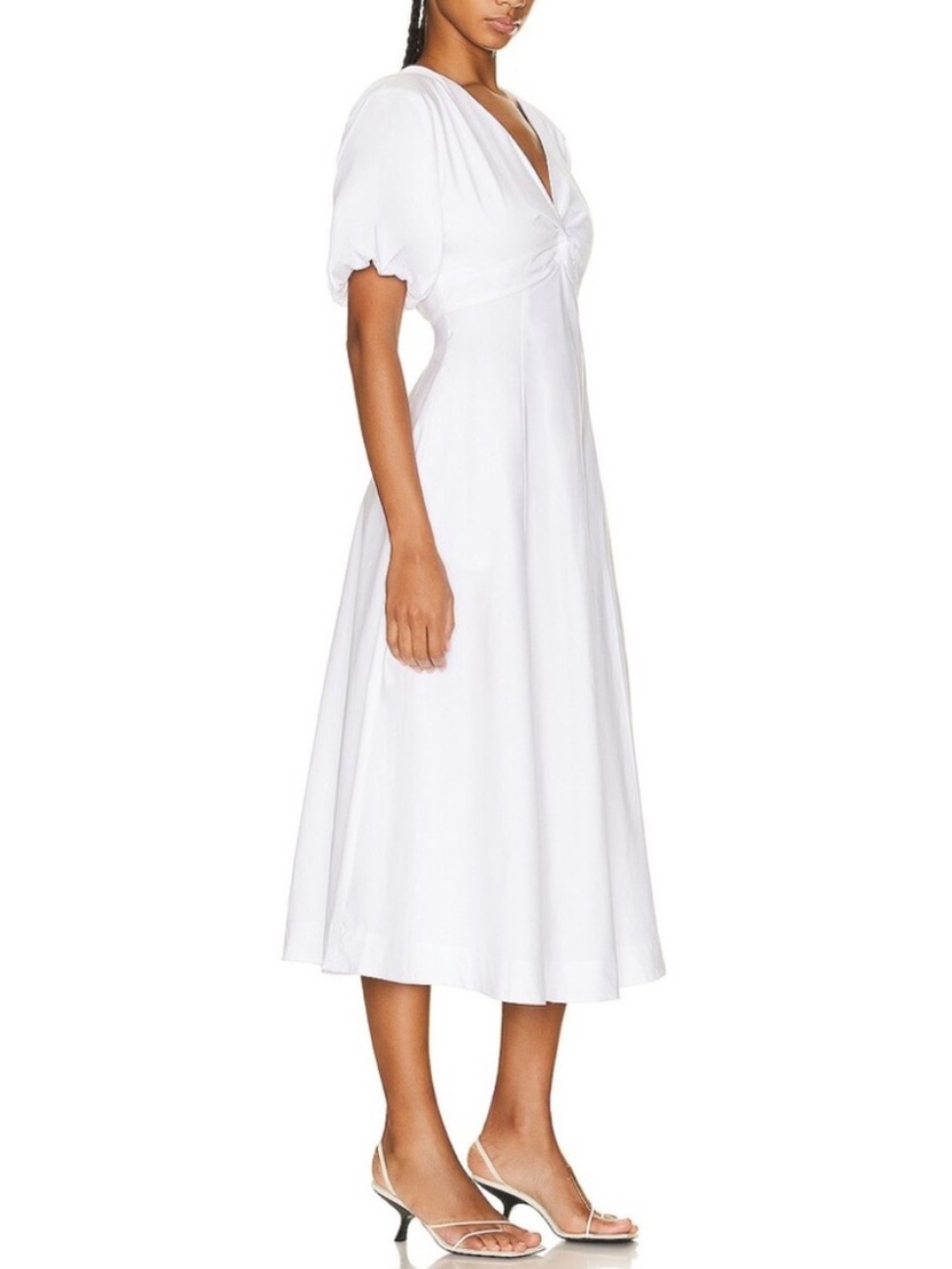 STAUD Finley white puff sleeve v neck midi dress size 6.